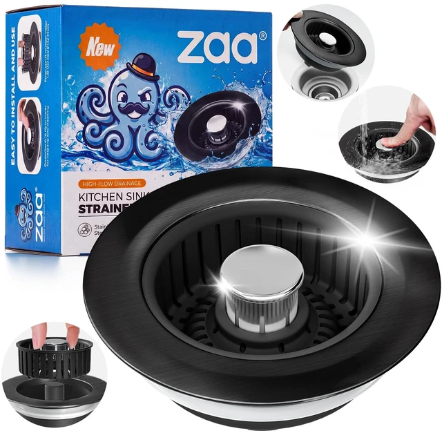 Main image of 3 in 1 Kitchen Sink Drain Strainer Stopper Removable Basket Pop-Up | Kitchen Sink Accessories 1 Pack All Black Stainless - Food Catcher, Odor-Blocking Seal, Fits 3.5" Drain