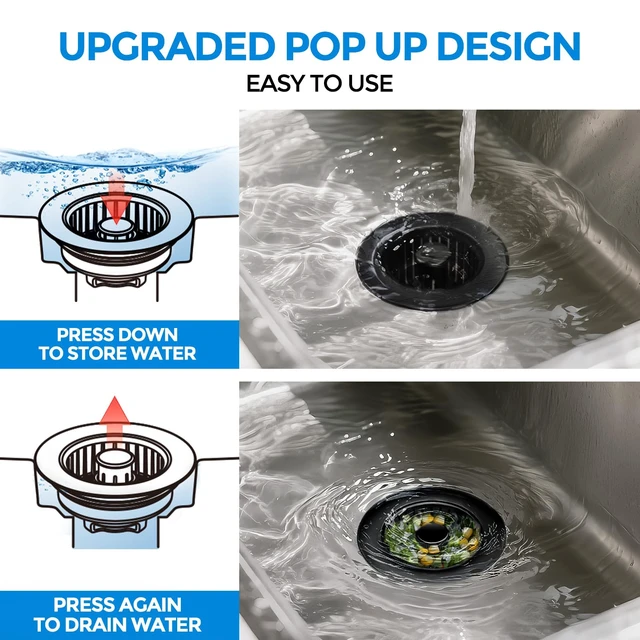 Alt view image 3 of 7 - 3 in 1 Kitchen Sink Drain Strainer Stopper Removable Basket Pop-Up | Kitchen Sink Accessories 1 Pack All Black Stainless - Food Catcher, Odor-Blocking Seal, Fits 3.5" Drain