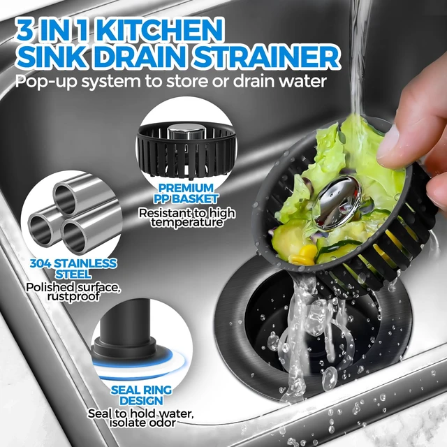 Alt view image 4 of 7 - 3 in 1 Kitchen Sink Drain Strainer Stopper Removable Basket Pop-Up | Kitchen Sink Accessories 1 Pack All Black Stainless - Food Catcher, Odor-Blocking Seal, Fits 3.5" Drain