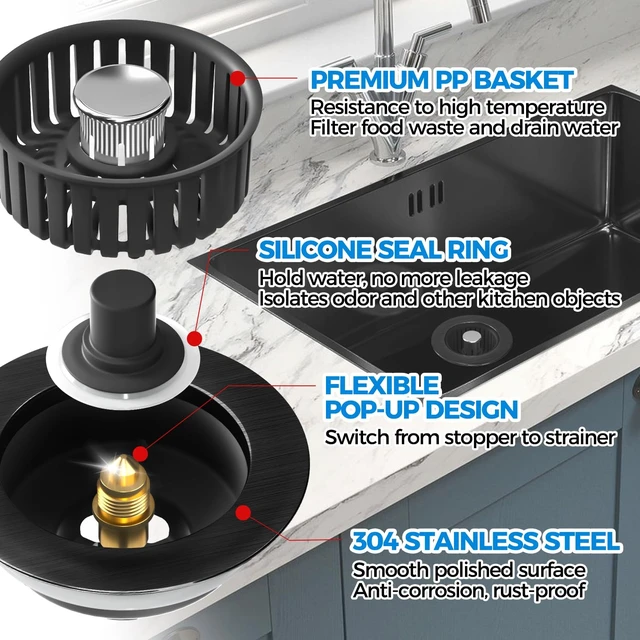 Alt view image 5 of 7 - 3 in 1 Kitchen Sink Drain Strainer Stopper Removable Basket Pop-Up | Kitchen Sink Accessories 1 Pack All Black Stainless - Food Catcher, Odor-Blocking Seal, Fits 3.5" Drain