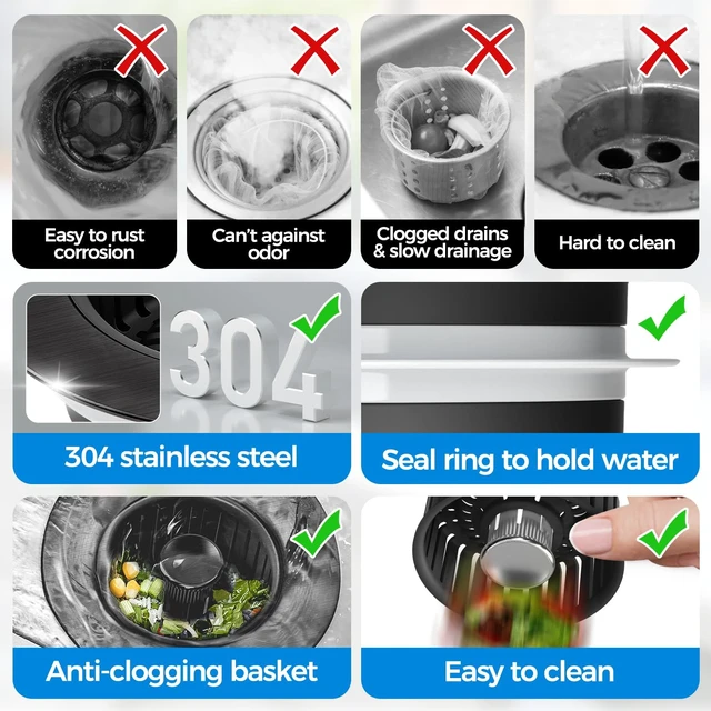 Alt view image 6 of 7 - 3 in 1 Kitchen Sink Drain Strainer Stopper Removable Basket Pop-Up | Kitchen Sink Accessories 1 Pack All Black Stainless - Food Catcher, Odor-Blocking Seal, Fits 3.5" Drain