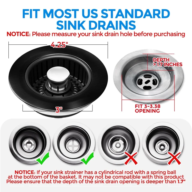 Alt view image 7 of 7 - 3 in 1 Kitchen Sink Drain Strainer Stopper Removable Basket Pop-Up | Kitchen Sink Accessories 1 Pack All Black Stainless - Food Catcher, Odor-Blocking Seal, Fits 3.5" Drain