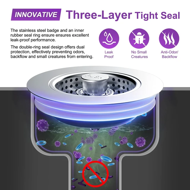 Alt view image 4 of 7 - Universal Metal Kitchen Sink Drain Strainer, 3 in 1 Pop-Up Sink Stopper | Stainless Steel Drain Stopper Plug/Large Anti-Clogging Detachable Basket/3-Layer Tight Seal, Fit 3-1/2" Drain, Brushed Nickel