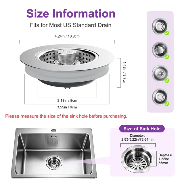 Alt view image 6 of 7 - Universal Metal Kitchen Sink Drain Strainer, 3 in 1 Pop-Up Sink Stopper | Stainless Steel Drain Stopper Plug/Large Anti-Clogging Detachable Basket/3-Layer Tight Seal, Fit 3-1/2" Drain, Brushed Nickel