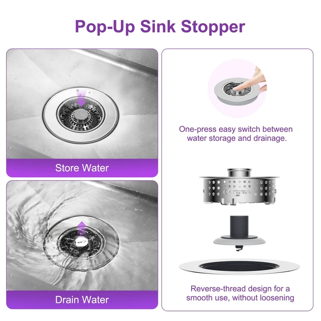 Alt view image 7 of 7 - Universal Metal Kitchen Sink Drain Strainer, 3 in 1 Pop-Up Sink Stopper | Stainless Steel Drain Stopper Plug/Large Anti-Clogging Detachable Basket/3-Layer Tight Seal, Fit 3-1/2" Drain, Brushed Nickel