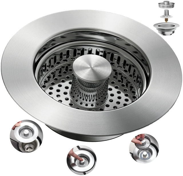 Main image of Sink Drain Strainer 3 in 1, 304 Stainless Steel Pop Up Sink Stopper, Anti-Clogging Sink Strainer, Kitchen Sink Strainer, Drain Cover and Kitchen Accessories for US Standard Sink(Silver)