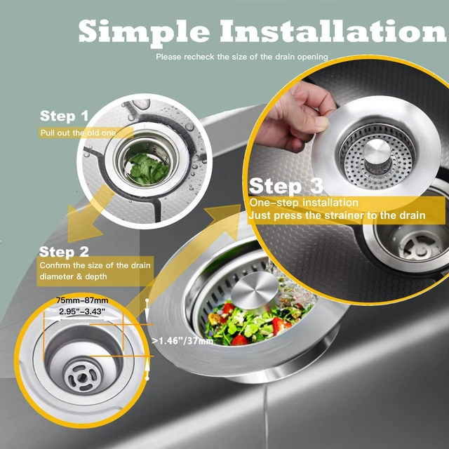 Alt view image 4 of 7 - Sink Drain Strainer 3 in 1, 304 Stainless Steel Pop Up Sink Stopper, Anti-Clogging Sink Strainer, Kitchen Sink Strainer, Drain Cover and Kitchen Accessories for US Standard Sink(Silver)