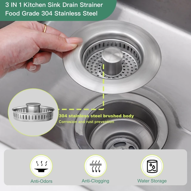 Alt view image 3 of 7 - Sink Drain Strainer 3 in 1, 304 Stainless Steel Pop Up Sink Stopper, Anti-Clogging Sink Strainer, Kitchen Sink Strainer, Drain Cover and Kitchen Accessories for US Standard Sink(Silver)