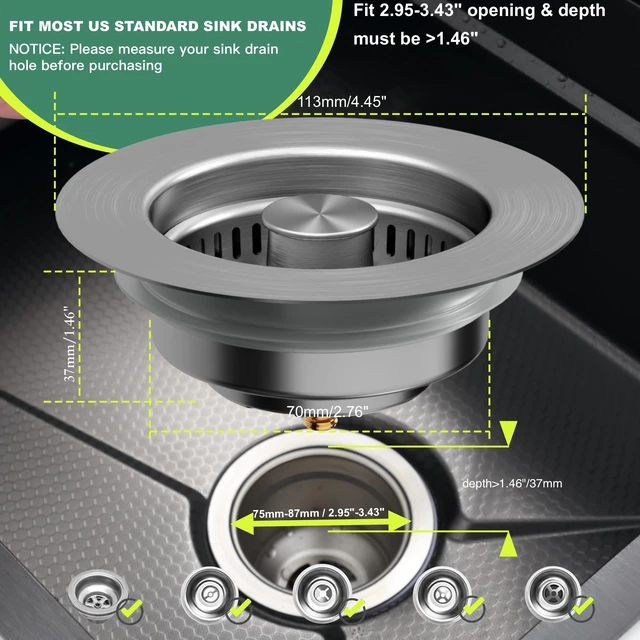 Alt view image 6 of 7 - Sink Drain Strainer 3 in 1, 304 Stainless Steel Pop Up Sink Stopper, Anti-Clogging Sink Strainer, Kitchen Sink Strainer, Drain Cover and Kitchen Accessories for US Standard Sink(Silver)