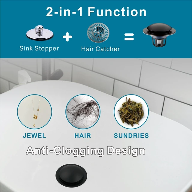Alt view image 5 of 7 - Matte Black Pop Up Sink Stoppers for Bathroom Sink 1 1/8"-1 1/2" | Bathroom Sink Stopper Replacement, Universal Pop-Up Drain Stopper Plug Strainer with Hair Catcher, Anti-Clogging Design