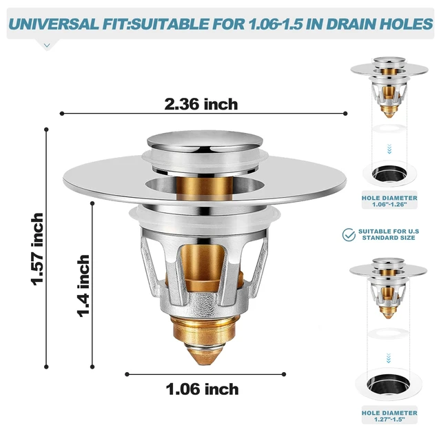Alt view image 2 of 7 - Universal Bathroom Sink Stopper, Fits 1.06-1.5 Inch, Premium Basin Pop Up Sink Drain Strainer, Anti-Leakage and Clogging, with Hair Catcher, Made Brass, Chrome Plated