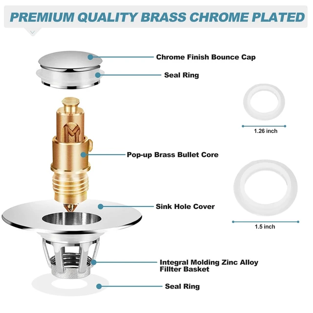 Alt view image 7 of 7 - Universal Bathroom Sink Stopper, Fits 1.06-1.5 Inch, Premium Basin Pop Up Sink Drain Strainer, Anti-Leakage and Clogging, with Hair Catcher, Made Brass, Chrome Plated