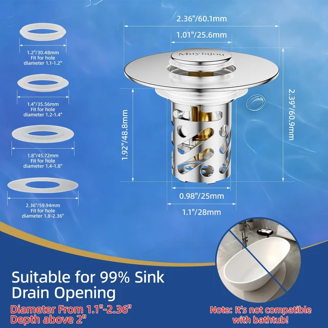 Alt view image 2 of 6 - Sink Stopper, Pop-Up Drain Strainer Silver (1 Pack) | Fits 1.1"-2.36" drains. 304 stainless steel. Removable filter basket. Press seal/drain. No tools. Catches hair