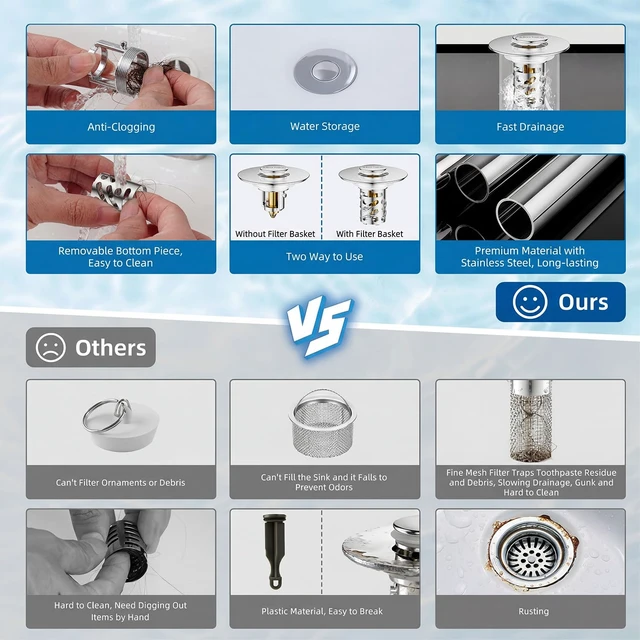 Alt view image 3 of 6 - Sink Stopper, Pop-Up Drain Strainer Silver (1 Pack) | Fits 1.1"-2.36" drains. 304 stainless steel. Removable filter basket. Press seal/drain. No tools. Catches hair