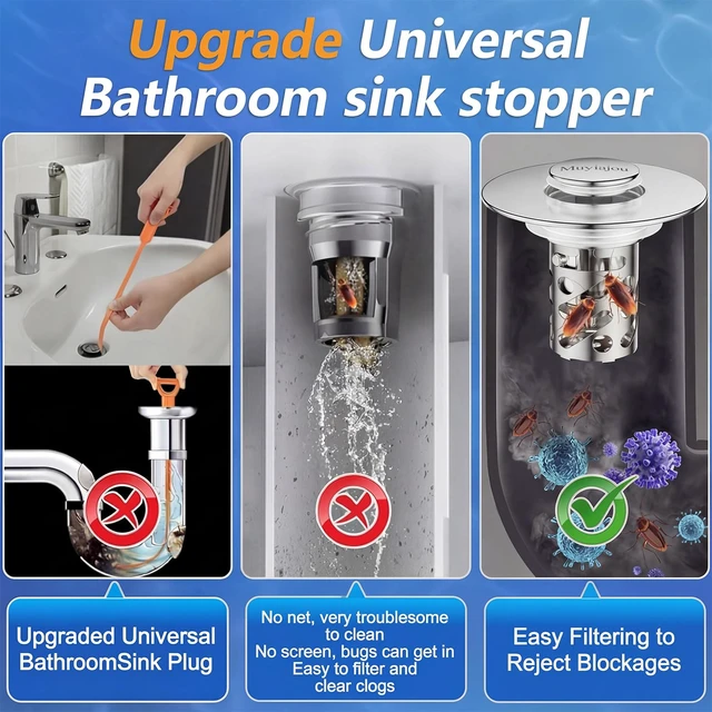 Alt view image 6 of 6 - Sink Stopper, Pop-Up Drain Strainer Silver (1 Pack) | Fits 1.1"-2.36" drains. 304 stainless steel. Removable filter basket. Press seal/drain. No tools. Catches hair