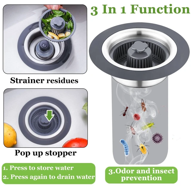 Alt view image 2 of 6 - 3 in 1 Kitchen Sink Drain Strainer and Stopper Combo,Stainless Steel | Pop Up Kitchen Sink Stopper, Sink Drain Strainer for Standard 3-1/2 Inch Drain, Brushed Nickel