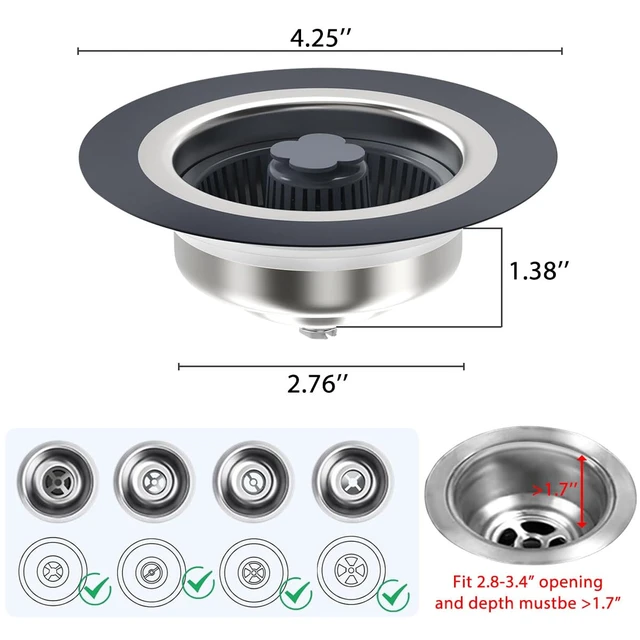 Alt view image 3 of 6 - 3 in 1 Kitchen Sink Drain Strainer and Stopper Combo,Stainless Steel | Pop Up Kitchen Sink Stopper, Sink Drain Strainer for Standard 3-1/2 Inch Drain, Brushed Nickel