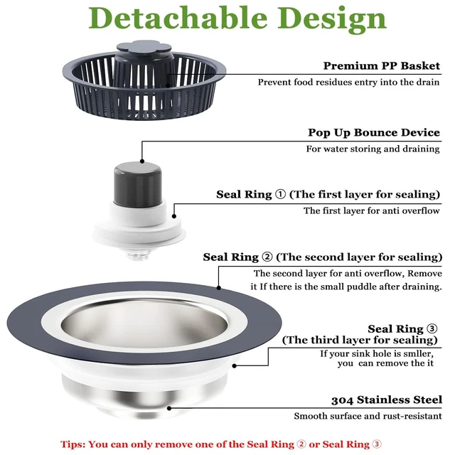 Alt view image 5 of 6 - 3 in 1 Kitchen Sink Drain Strainer and Stopper Combo,Stainless Steel | Pop Up Kitchen Sink Stopper, Sink Drain Strainer for Standard 3-1/2 Inch Drain, Brushed Nickel