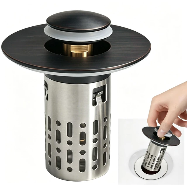 Main image of Bathroom Sink Stopper, 3 in 1 Bathroom Sink Drain Strainer Universal Pop Up Sink Stopper with Removable Hair Catcher Anti-Clog Filter Basket Brass & Stainless Steel Oil Rubbed Bronze 1 PC