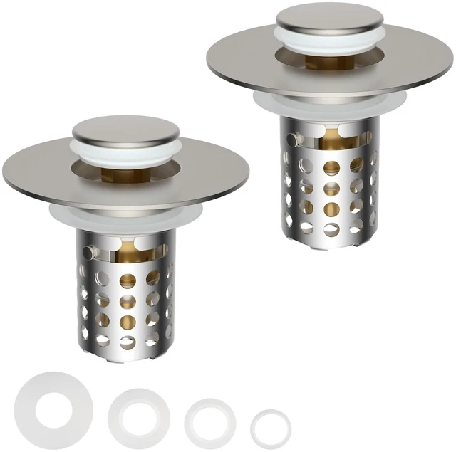 Main image of 2PCS Universal Bathroom Sink Drain Strainer Hair Catcher, Brushed Nickel | Upgraded with Removable Stainless Steel Filter Basket, 3 in 1 Pop Up Sink Stopper for 1.1''~2.36'' Sink Basin Hole