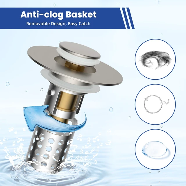 Alt view image 2 of 6 - 2PCS Universal Bathroom Sink Drain Strainer Hair Catcher, Brushed Nickel | Upgraded with Removable Stainless Steel Filter Basket, 3 in 1 Pop Up Sink Stopper for 1.1''~2.36'' Sink Basin Hole