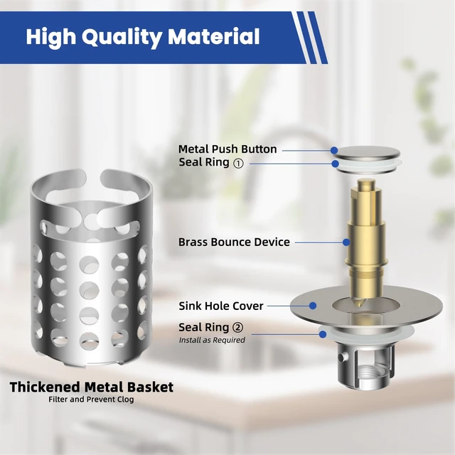 Alt view image 4 of 6 - 2PCS Universal Bathroom Sink Drain Strainer Hair Catcher, Brushed Nickel | Upgraded with Removable Stainless Steel Filter Basket, 3 in 1 Pop Up Sink Stopper for 1.1''~2.36'' Sink Basin Hole
