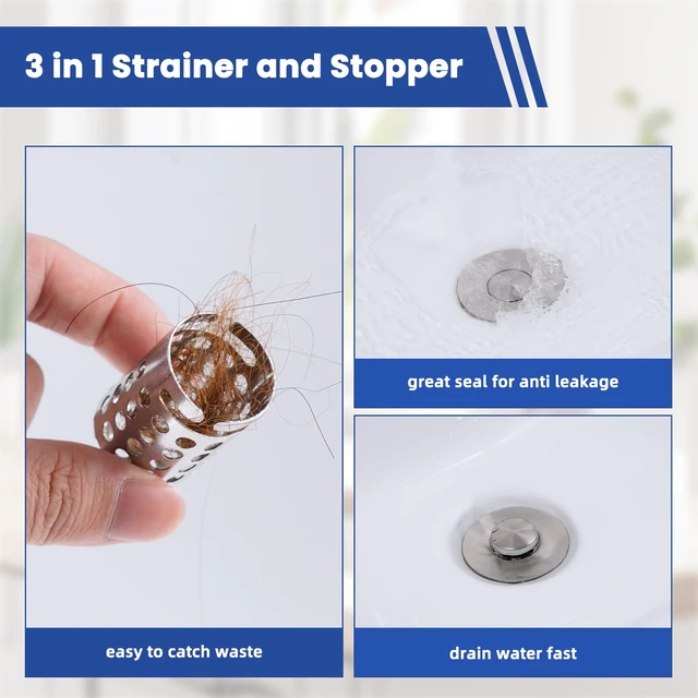 Alt view image 3 of 6 - 2PCS Universal Bathroom Sink Drain Strainer Hair Catcher, Brushed Nickel | Upgraded with Removable Stainless Steel Filter Basket, 3 in 1 Pop Up Sink Stopper for 1.1''~2.36'' Sink Basin Hole