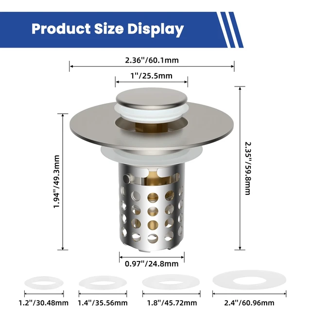 Alt view image 6 of 6 - 2PCS Universal Bathroom Sink Drain Strainer Hair Catcher, Brushed Nickel | Upgraded with Removable Stainless Steel Filter Basket, 3 in 1 Pop Up Sink Stopper for 1.1''~2.36'' Sink Basin Hole