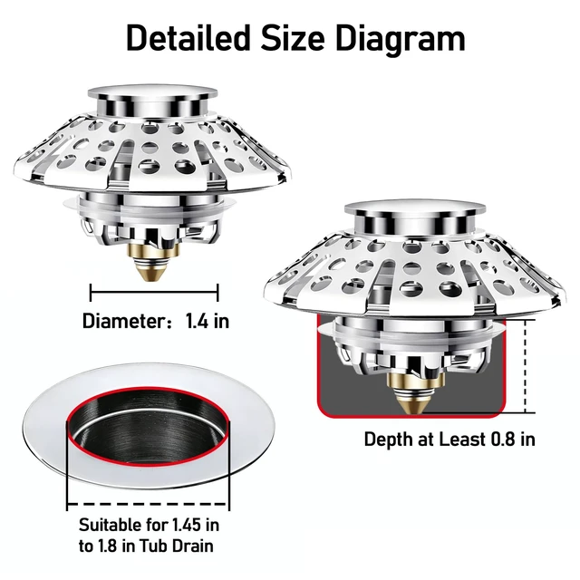 Alt view image 2 of 6 - Tub Stopper Bathtub Drain Stopper Plug, Pop Up Tub Drain Hair Catcher | Universal Drain Cover with Strainer for 1.45 in to 1.8 in Drain, Chrome Silver