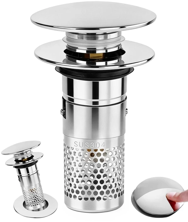 Main image of 3 in 1 Bathroom Sink Drain Strainer, Pop Up Sink Stopper with Removable Stainless Steel Hair Catcher Filter Basket, Universal Brass Core Sink Plug for 1.3"~1.57" Basin Tub Drain