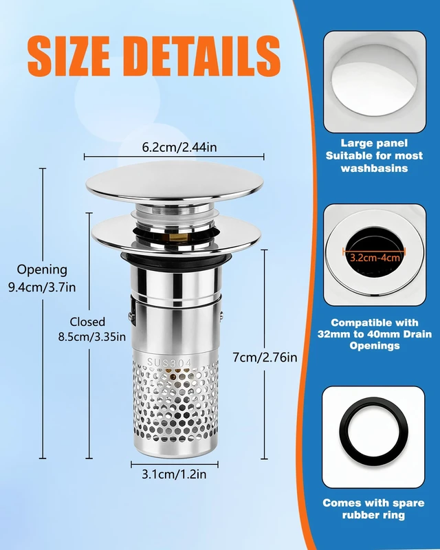 Alt view image 2 of 7 - 3 in 1 Bathroom Sink Drain Strainer, Pop Up Sink Stopper with Removable Stainless Steel Hair Catcher Filter Basket, Universal Brass Core Sink Plug for 1.3"~1.57" Basin Tub Drain