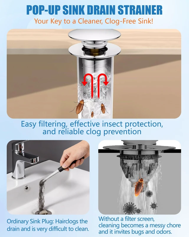 Alt view image 4 of 7 - 3 in 1 Bathroom Sink Drain Strainer, Pop Up Sink Stopper with Removable Stainless Steel Hair Catcher Filter Basket, Universal Brass Core Sink Plug for 1.3"~1.57" Basin Tub Drain