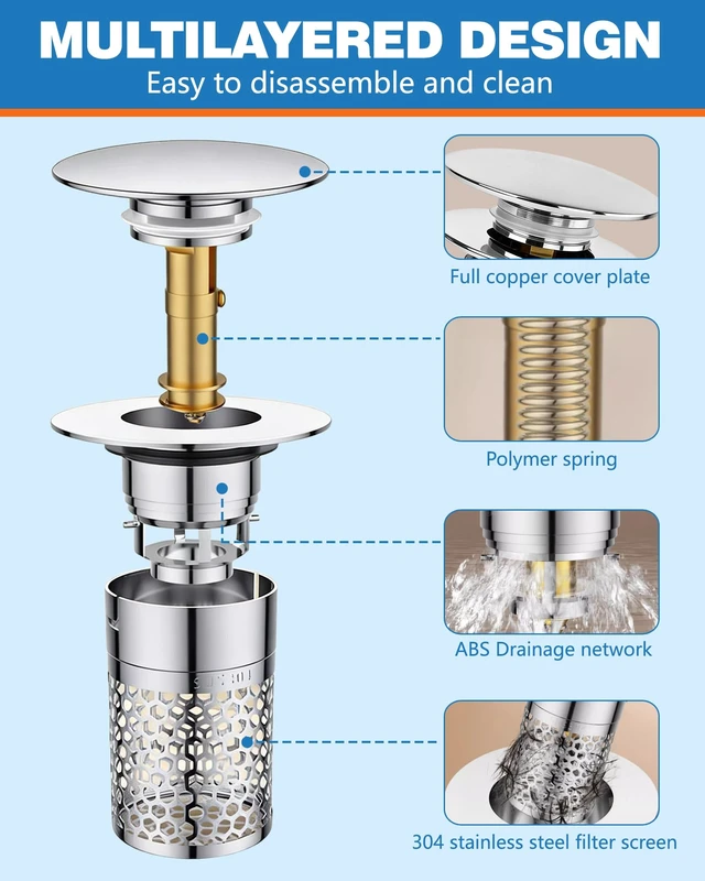 Alt view image 3 of 7 - 3 in 1 Bathroom Sink Drain Strainer, Pop Up Sink Stopper with Removable Stainless Steel Hair Catcher Filter Basket, Universal Brass Core Sink Plug for 1.3"~1.57" Basin Tub Drain