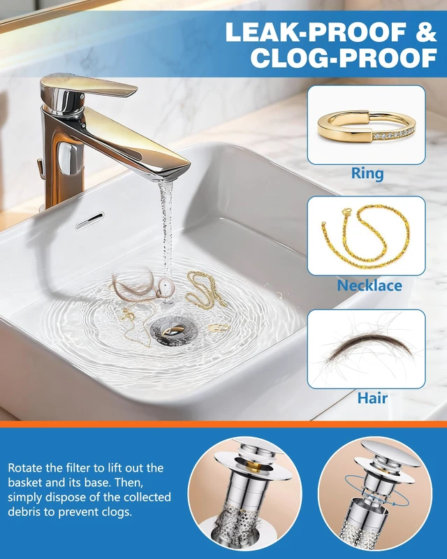 Alt view image 5 of 7 - 3 in 1 Bathroom Sink Drain Strainer, Pop Up Sink Stopper with Removable Stainless Steel Hair Catcher Filter Basket, Universal Brass Core Sink Plug for 1.3"~1.57" Basin Tub Drain