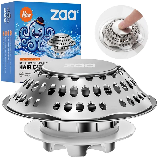 Main image of 3 in 1 Bathtub Drain Stopper & Hair Catcher Pop-Up Plug | Upgraded Silver Pop Up Tub Plug for 1.46-2" Drain, Replaces Lift & Turn Tip-Toe or Trip Lever, Easy Hair Catcher