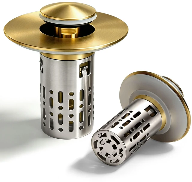 Main image of 3 in 1 Bathroom Sink Drain Strainer, Universal Pop Up Bathroom Sink Stopper with Removable Hair Catcher Anti-Clog Filter Basket Brass & Stainless Steel Brushed Gold 2 PCS