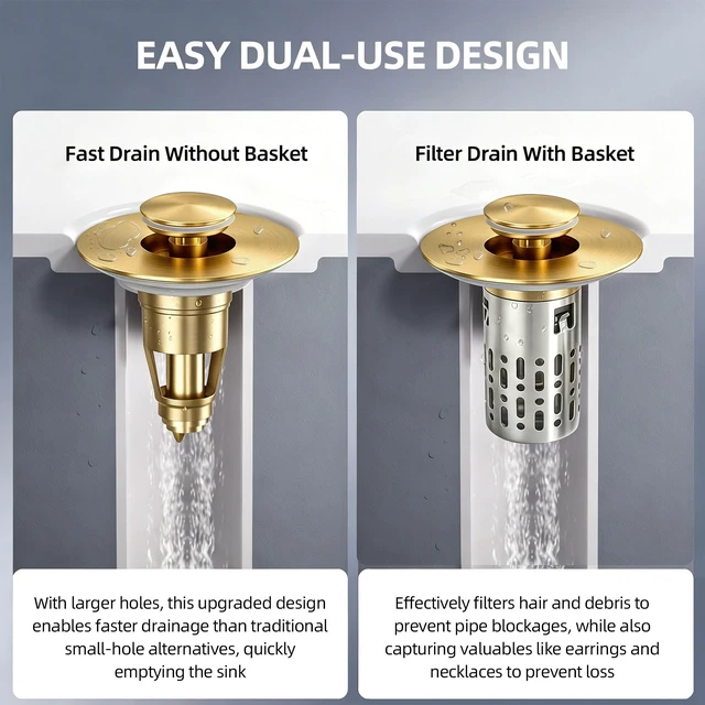 Alt view image 2 of 7 - 3 in 1 Bathroom Sink Drain Strainer, Universal Pop Up Bathroom Sink Stopper with Removable Hair Catcher Anti-Clog Filter Basket Brass & Stainless Steel Brushed Gold 2 PCS
