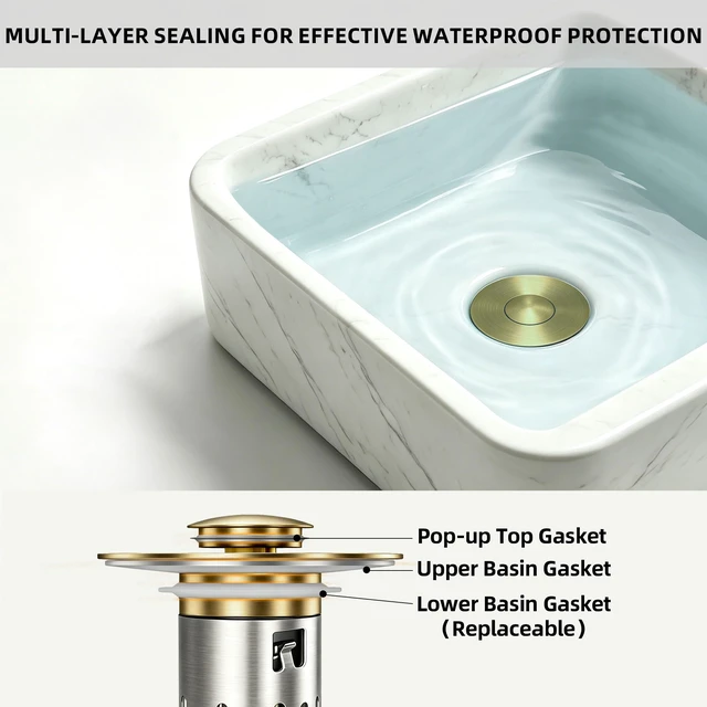Alt view image 3 of 7 - 3 in 1 Bathroom Sink Drain Strainer, Universal Pop Up Bathroom Sink Stopper with Removable Hair Catcher Anti-Clog Filter Basket Brass & Stainless Steel Brushed Gold 2 PCS