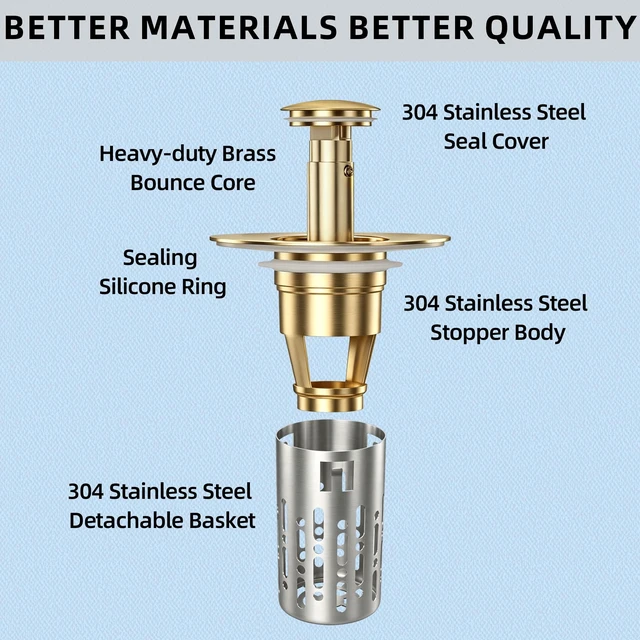Alt view image 4 of 7 - 3 in 1 Bathroom Sink Drain Strainer, Universal Pop Up Bathroom Sink Stopper with Removable Hair Catcher Anti-Clog Filter Basket Brass & Stainless Steel Brushed Gold 2 PCS