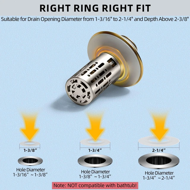 Alt view image 5 of 7 - 3 in 1 Bathroom Sink Drain Strainer, Universal Pop Up Bathroom Sink Stopper with Removable Hair Catcher Anti-Clog Filter Basket Brass & Stainless Steel Brushed Gold 2 PCS