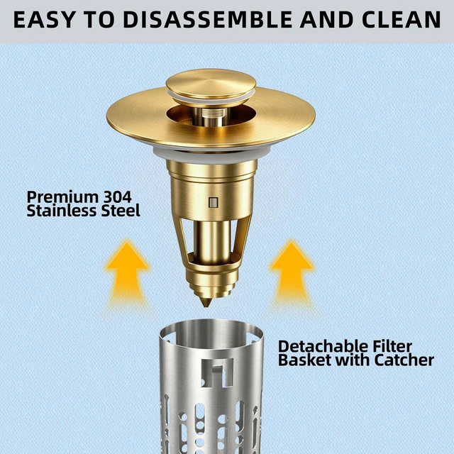 Alt view image 6 of 7 - 3 in 1 Bathroom Sink Drain Strainer, Universal Pop Up Bathroom Sink Stopper with Removable Hair Catcher Anti-Clog Filter Basket Brass & Stainless Steel Brushed Gold 2 PCS