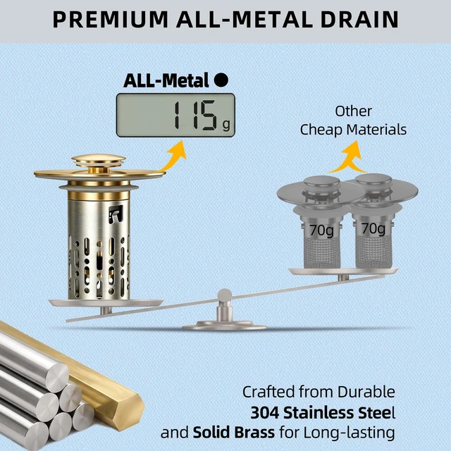 Alt view image 7 of 7 - 3 in 1 Bathroom Sink Drain Strainer, Universal Pop Up Bathroom Sink Stopper with Removable Hair Catcher Anti-Clog Filter Basket Brass & Stainless Steel Brushed Gold 2 PCS