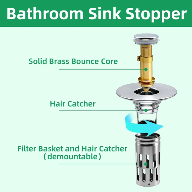 Alt view image 4 of 6 - Bathroom Sink Stopper with Removable Filter Basket Hair CatcherUniversal Pop Up StopperBathroom Sink Drain StrainerDrain Hair Catcher
