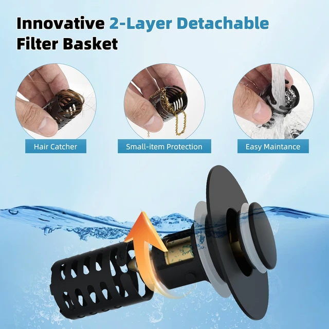 Alt view image 2 of 7 - Universal Bathroom Sink Drain Strainer Metal Hair Catcher, Matte Black | Upgraded 3 in 1 Pop-up Sink Stopper, Fit for 1.1''~2.36'' Basin Hole, with Detachable Stainless Steel Filter Basket