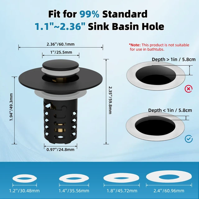 Alt view image 6 of 7 - Universal Bathroom Sink Drain Strainer Metal Hair Catcher, Matte Black | Upgraded 3 in 1 Pop-up Sink Stopper, Fit for 1.1''~2.36'' Basin Hole, with Detachable Stainless Steel Filter Basket
