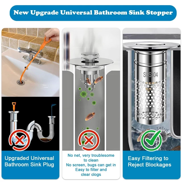Alt view image 3 of 6 - Bathroom Sink Drain Strainer, 3 in 1 Pop Up Bathroom Sink Stopper | Removable Brass Basket Hair Catcher, Universal Sink Plug for 1.06'' to 1.5'' Drain Hole, Stainless Steel Floor Drain Filter