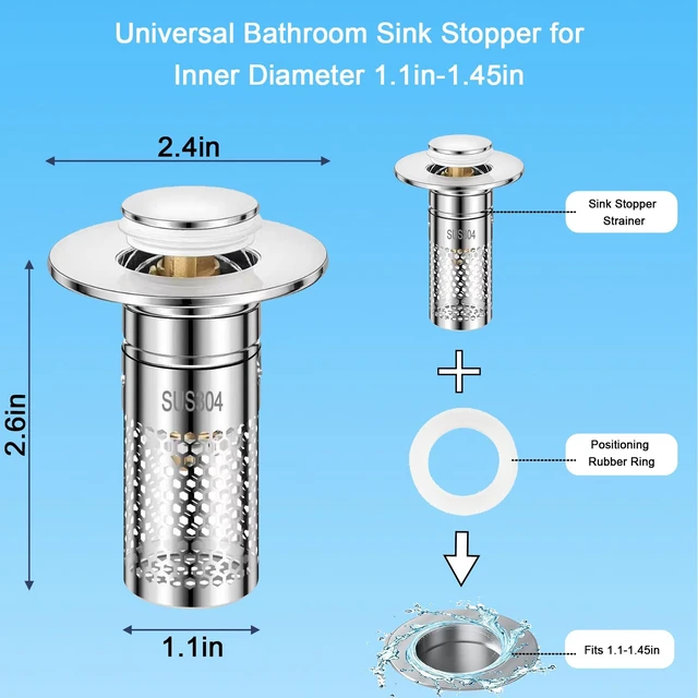 Alt view image 2 of 6 - Bathroom Sink Drain Strainer, 3 in 1 Pop Up Bathroom Sink Stopper | Removable Brass Basket Hair Catcher, Universal Sink Plug for 1.06'' to 1.5'' Drain Hole, Stainless Steel Floor Drain Filter