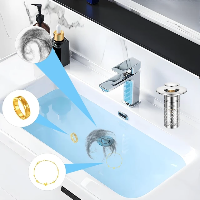 Alt view image 5 of 6 - Bathroom Sink Drain Strainer, 3 in 1 Pop Up Bathroom Sink Stopper | Removable Brass Basket Hair Catcher, Universal Sink Plug for 1.06'' to 1.5'' Drain Hole, Stainless Steel Floor Drain Filter