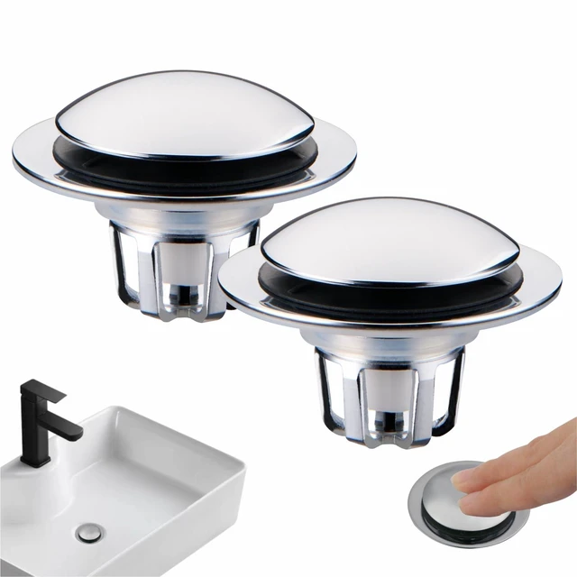 Main image of Pop Up Bathroom Sink Drain Stopper Hair Catcher - Chrome 2 Pack | Polished replacement basket Strainer 1 1/8"-1 1/2" drain Hole Brass push button Easy install no tools Universal 2-in-1.