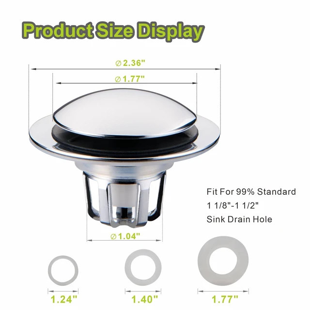 Alt view image 2 of 7 - Pop Up Bathroom Sink Drain Stopper Hair Catcher - Chrome 2 Pack | Polished replacement basket Strainer 1 1/8"-1 1/2" drain Hole Brass push button Easy install no tools Universal 2-in-1.